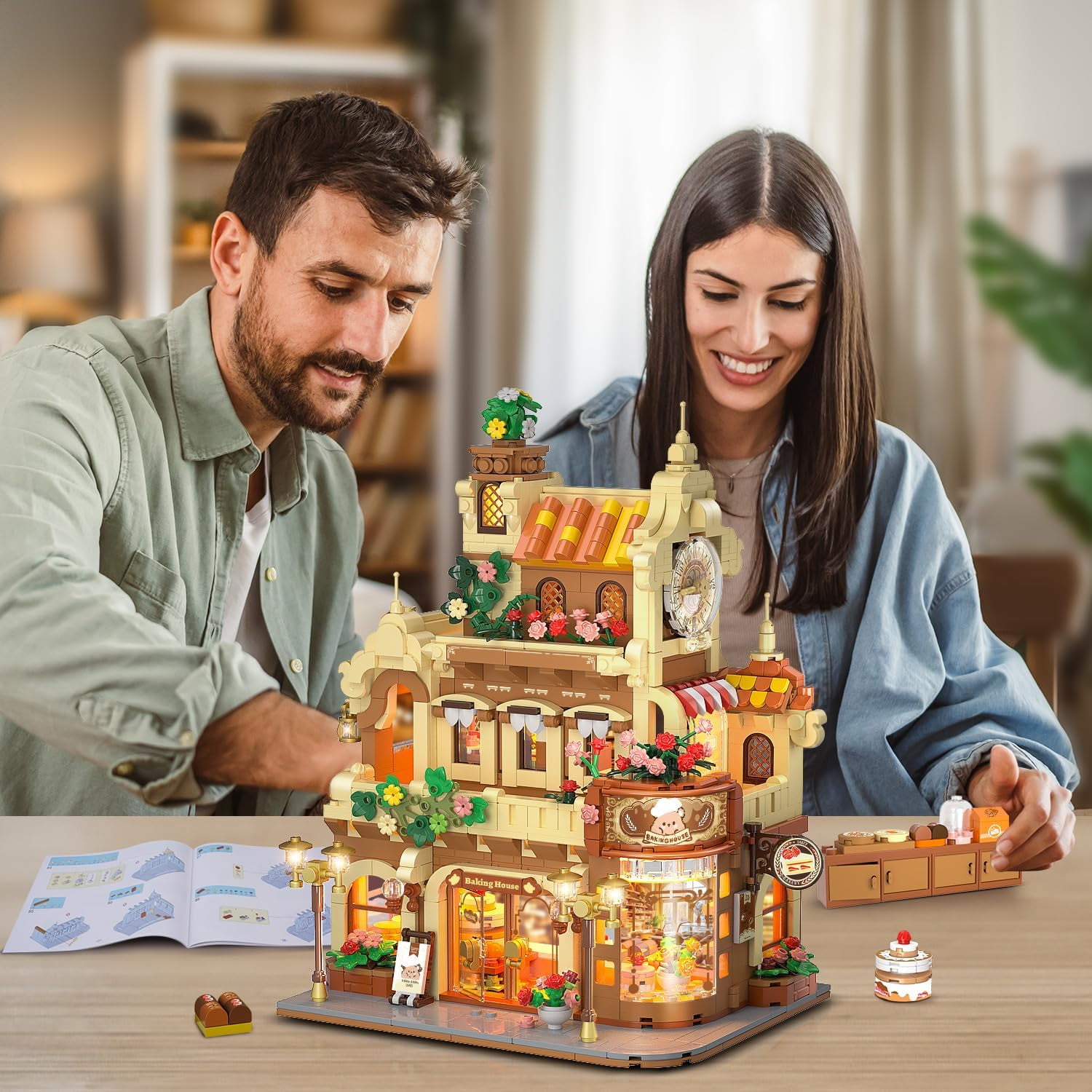INSOON City Bakery Cafe House Building Set with LED Light, 1289 PCS City Architecture Building Blocks Model Kit, Modular Bakery Shop Display Set for Adults Teens 8-12+