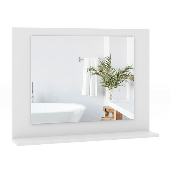 Gymax Bathroom Mirror w/ Shelf 23.5'' x 17.5'' Rectangle Wood Frame Vanity Mirror White