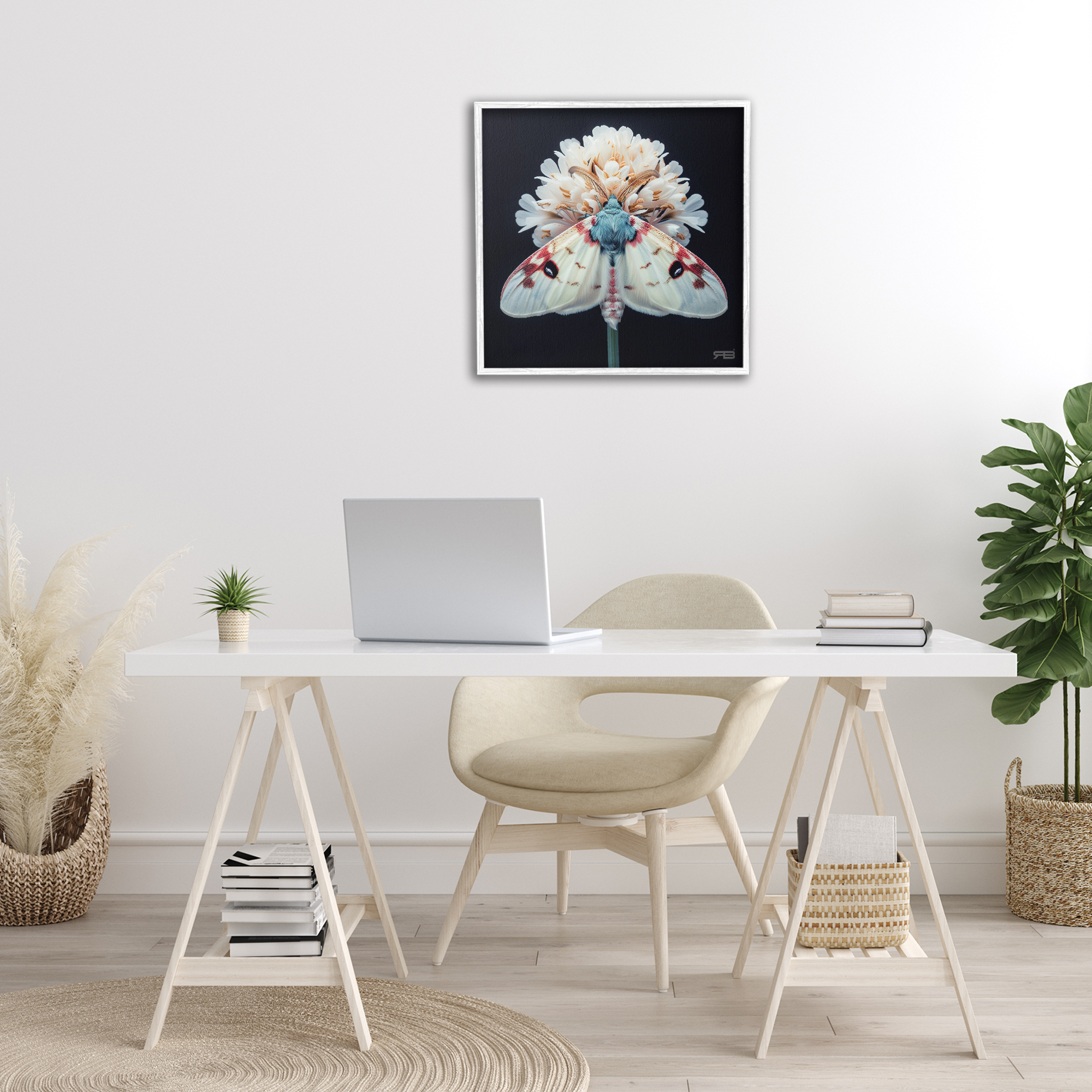 Stupell Industries Moth & White Flowers Animals & Insects Painting White Framed Art Print Wall Art, 24 x 24