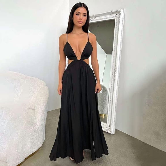 Cut-Out Maxi Dress with Spaghetti Straps (S, Black)