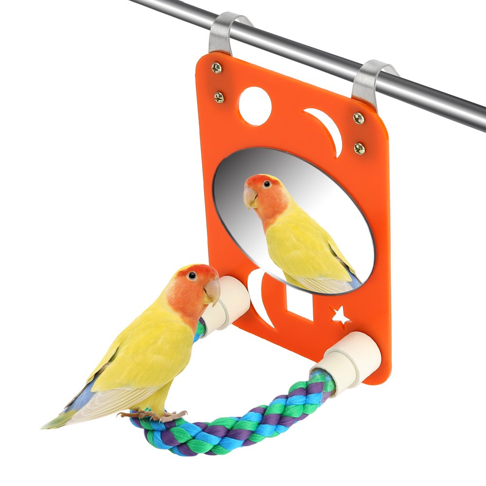 SANWOOD Bird Mirror,Bird Mirror Swing Parrot Cage Toy with Rope Perch