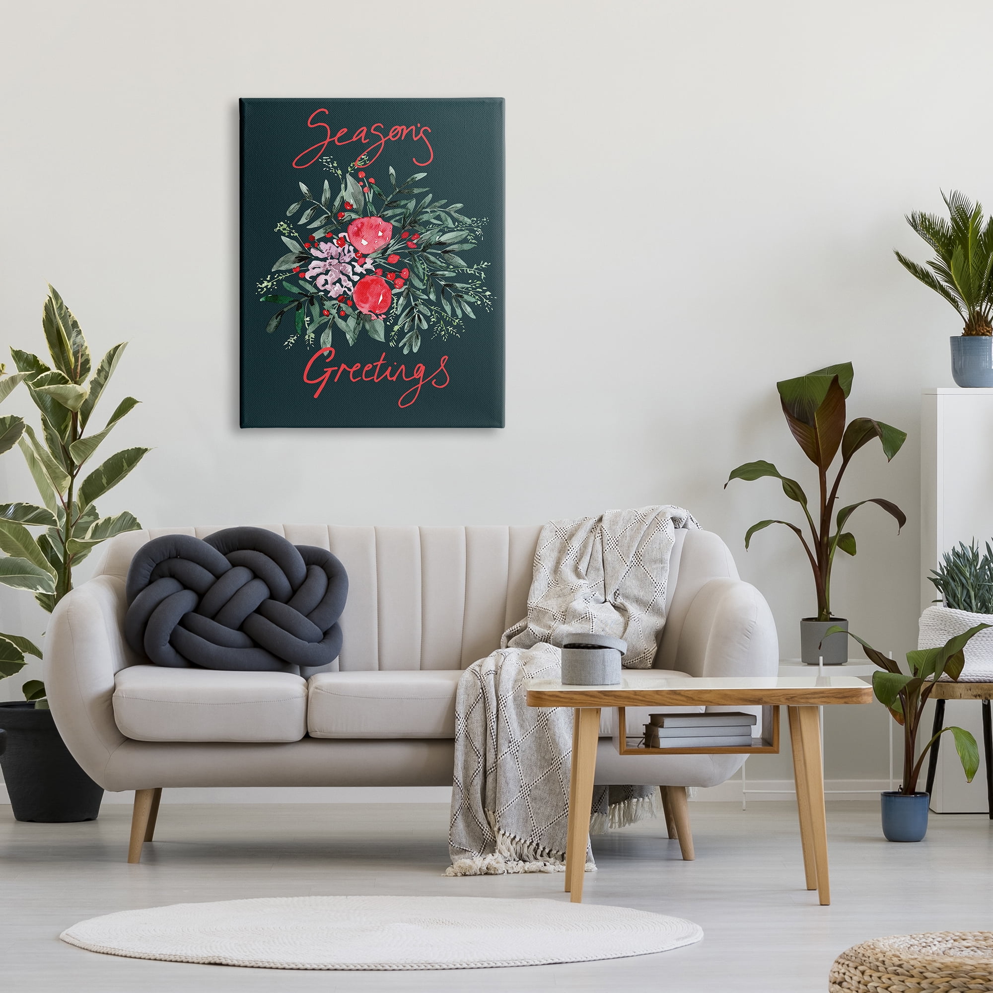 Stupell Industries Festive Winter Holly Wreath Season's Greetings Sentiment Botanical & Floral Painting Gallery Wrapped Canvas Print Wall Art, 30 x 40