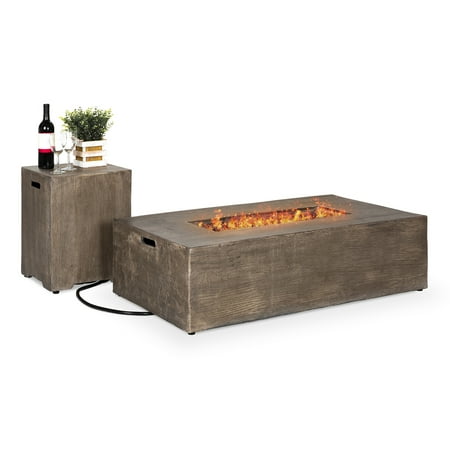 Propane Fire Pit Table Set Best Choice Products 48x27in 50,000 BTU Outdoor Patio Rustic Farmhouse Wood Finish Propane Fire Pit Table and Gas Tank Storage Side Table Accent Furniture w/ Weather-Resistant Pit Cover, Lava Rocks ()
