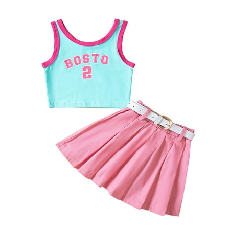 

Cute Summer Toddler Girls Outfits Set Girl Alphabet Print Suit Color Bump Vest Top Denim Short Skirt Suit 2 Piece Set For 1-2 Years