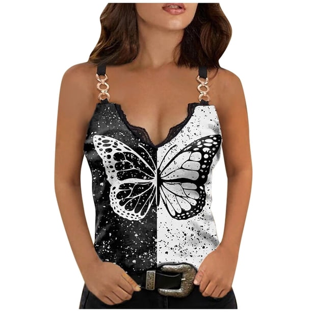Chaleco de cadena para mujer Verano Suelto Casual Estampado de mariposas Sexy Único Blusa con cuello en V Pompotops lopia996704