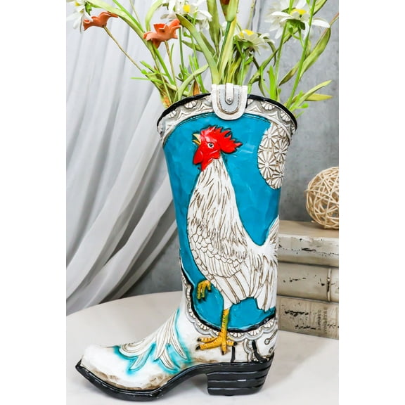 Rustic Western Blue Turquoise White Breasted Rooster Cowboy Boot Vase Figurine