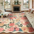 thumbnail image 3 of WIPONKEN 8x10 Floral Area Rugs Machine Washable Non-Slip Botanical Scalloped Rug for Living Room Bedroom, Modern Farmhouse Floor Mat with Vintage Flowers Pattern, Home Decor Indoor Low Pile Beige, 3 of 10