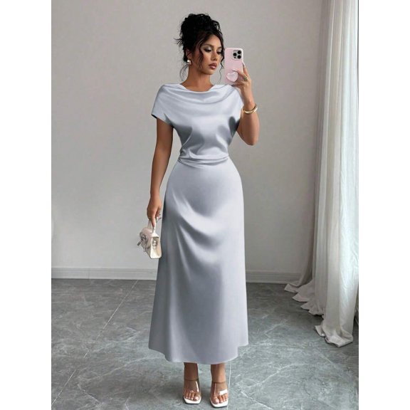 Elegant Grey Satin Cowl Neck Short Sleeve Maxi Dress For Day Or Evening Wear