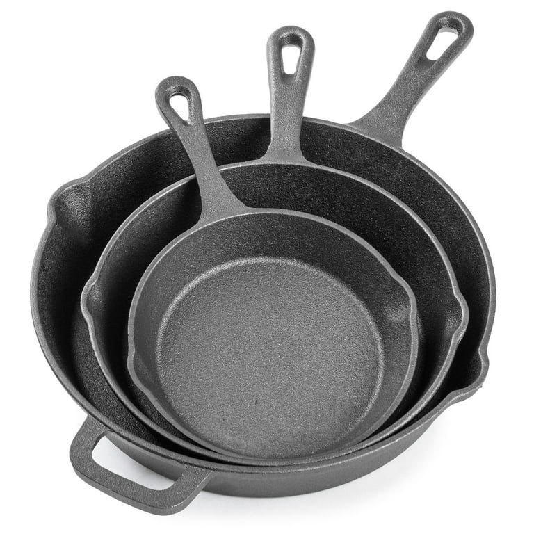 Frying Pans-Set of 3 Cast Iron Pre-Seasoned Nonstick Skillets in 10”, 8”,  6” by Home-Complete 