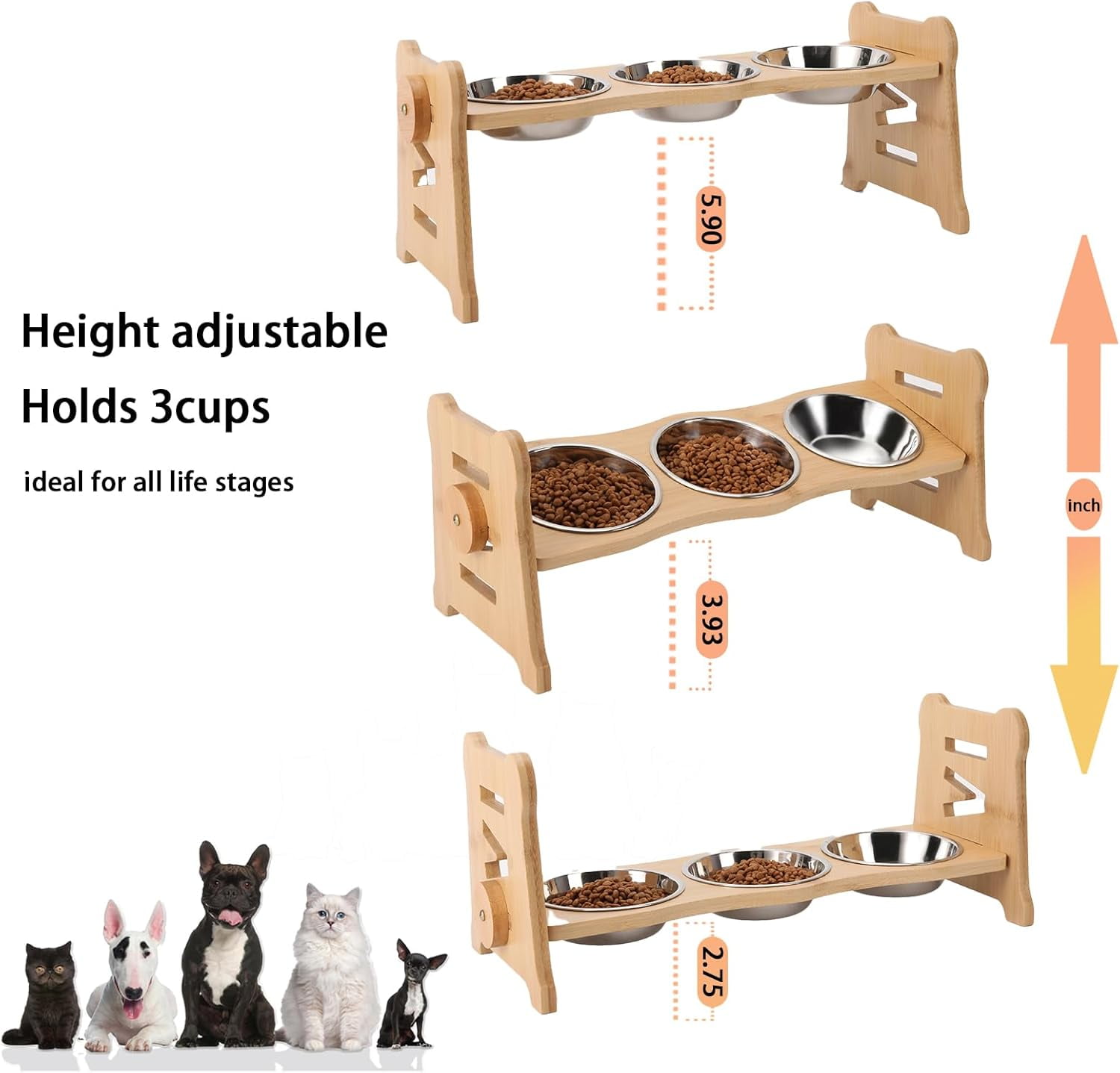 Elevated Pet Bowls for Cats & Small Dogs, Elevated and 15° Tilted Stainless Steel Elevated Cat Food Bowl with Bamboo Stand and Rubber Strip to Prevent Overflow for Indoor Cats and Pets