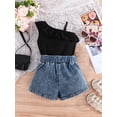 thumbnail image 5 of BemeyourBBs Toddler Baby Girls Summer Outfits Denim 2 Pieces Outfit Baby Girl Summer Clothes Sleeveless One Shoulder Ruffle Tank Vest Tops and Jeans Shorts Set with Belt, 5 of 9