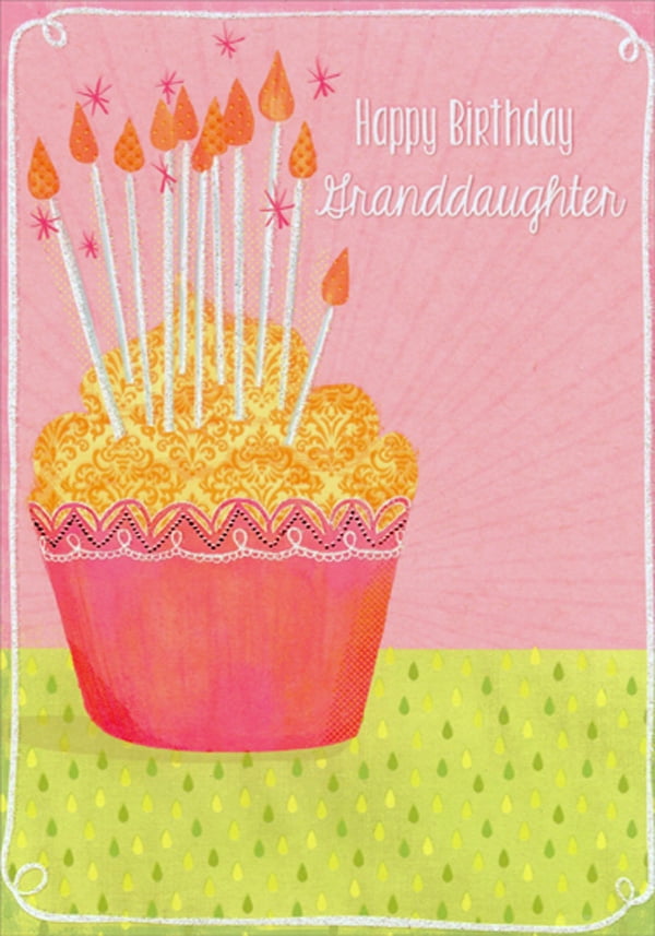Designer Greetings Cupcake with Tall Sparkling Glitter Candles Birthday Card for Teen / Teenager Granddaughter