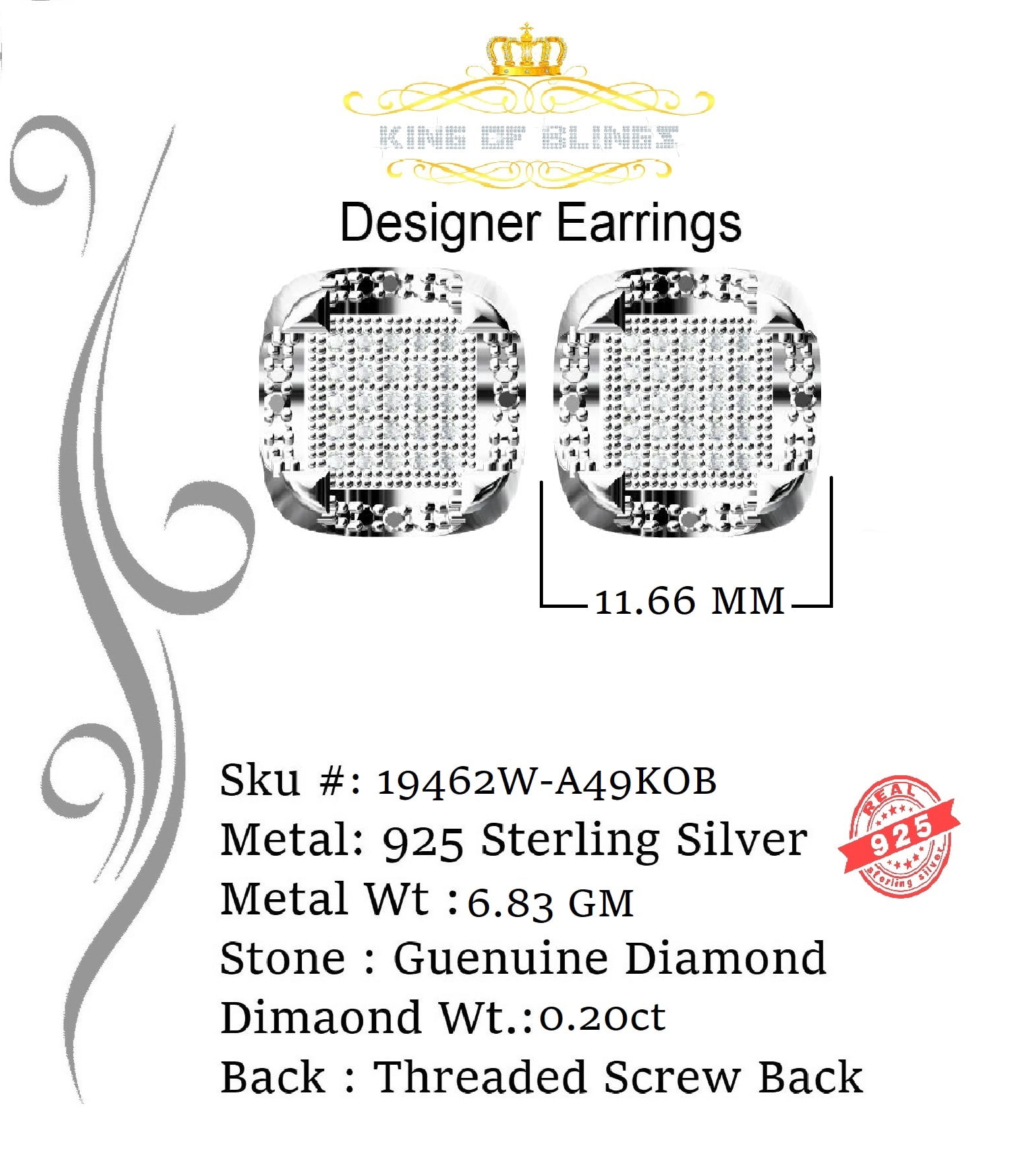 King of Bling's Women's Stud In 925 White Sterling Silver 0.20ct Diamond Stud Men's Earrings