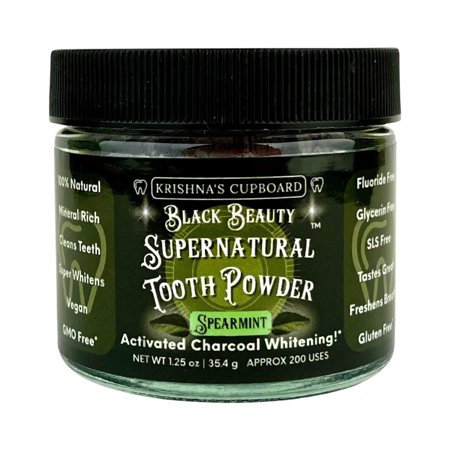 Krishna's Cupboard Black Beauty Supernatural Organic Tooth Powder, All Natural, Remineralizing Activated Charcoal Teeth Whitening, Fluoride Free Vegan Powdered Toothpaste, Spearmint 1.25 oz