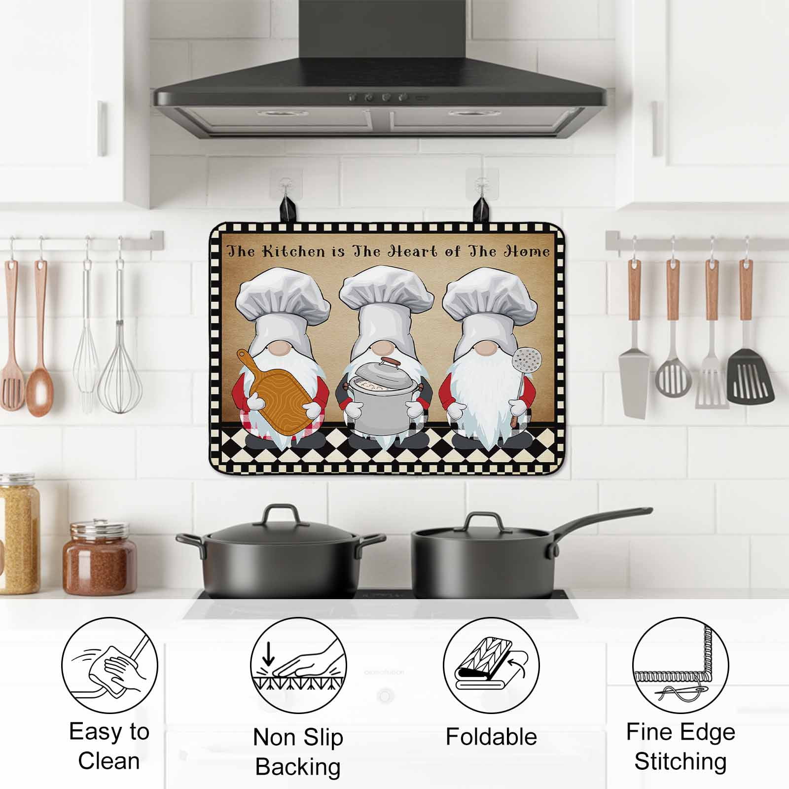 Farmhouse Chef Gnomes Stove Top Cover for Electric Stove, Heat-proof & Non Slip Glass Top Stove Cover Protector, Vintage Black White Plaid Kitchen Flat Cooktop Rubber Mat 31x24 Inches