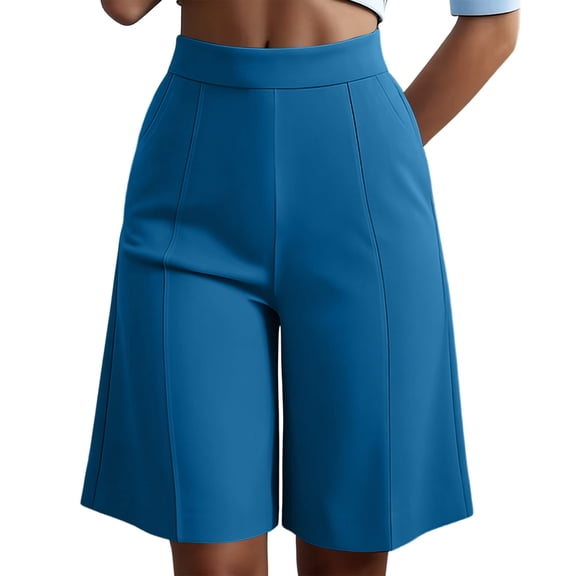 Workout Shorts Women with Liner Women's Dressy Bermuda Shorts, High Waist Knee Length Pants with Pockets, Summer Office Work Shorts Blue S