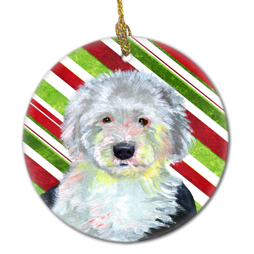 Old English Sheepdog Candy Cane Holiday Christmas Ceramic Ornament