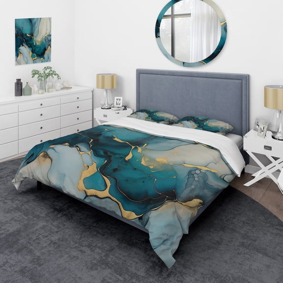 Designart "Infused Marble in Turquoise and Gold IV" Fractals Bedding Covert Set - Abstract Blue Modern Bed Set With 2 Shams