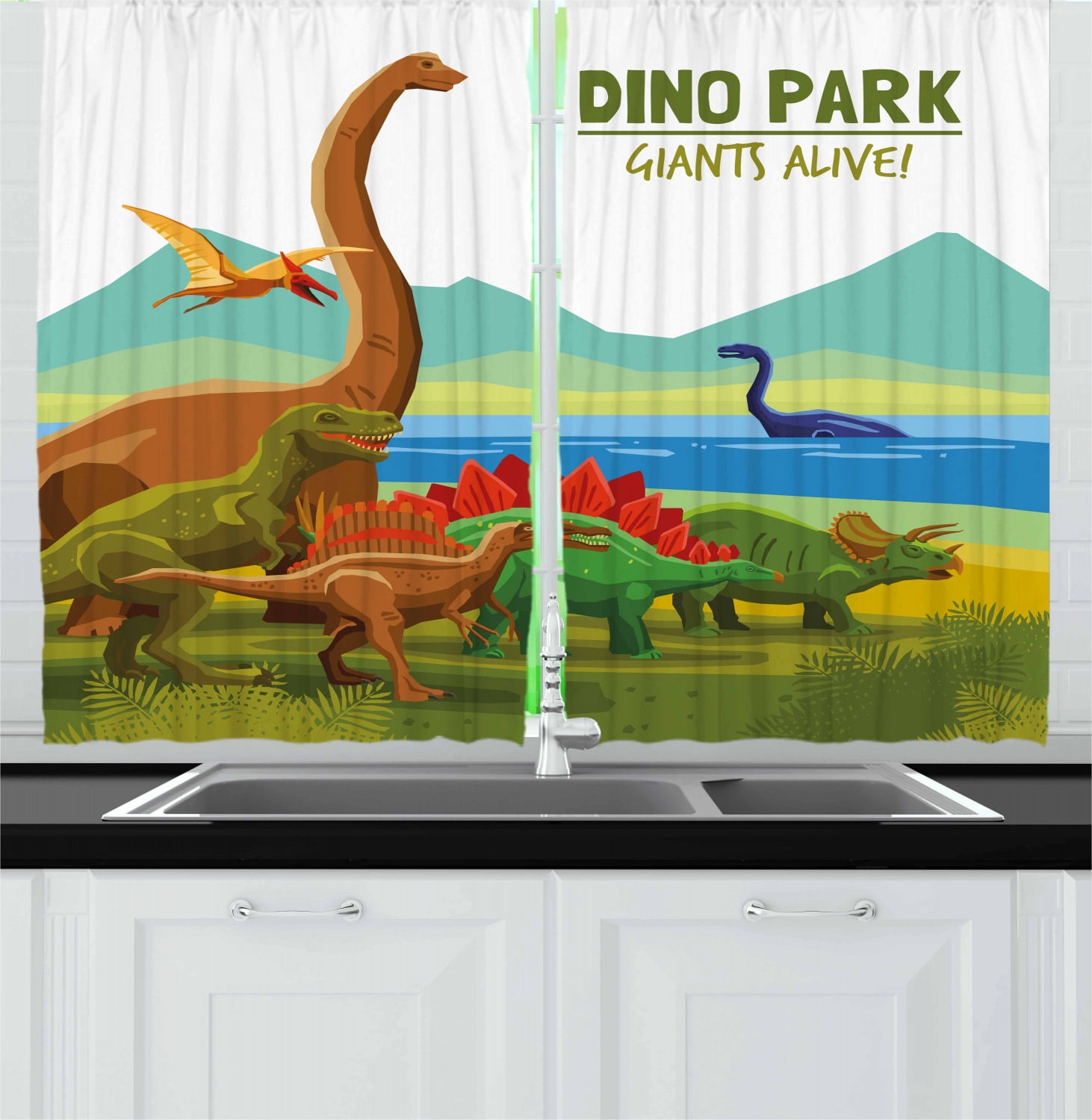 Dinosaur Curtains 2 Panels Set, Flying Swimming and Land Dinosaurs with