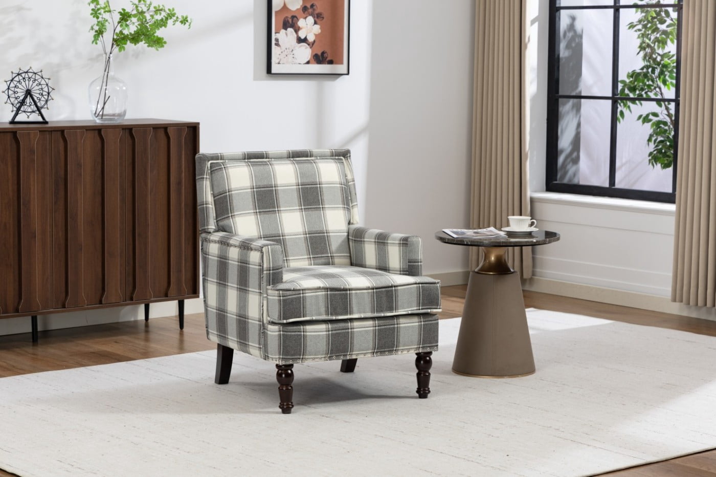 Upholstered Accent Chair with Nailhead Trim, Vintage Striped Linen Armchair, High-Density Foam Reading Chair with Solid Wood Legs for Living Room, Bedroom, Home Office, Antique Grey