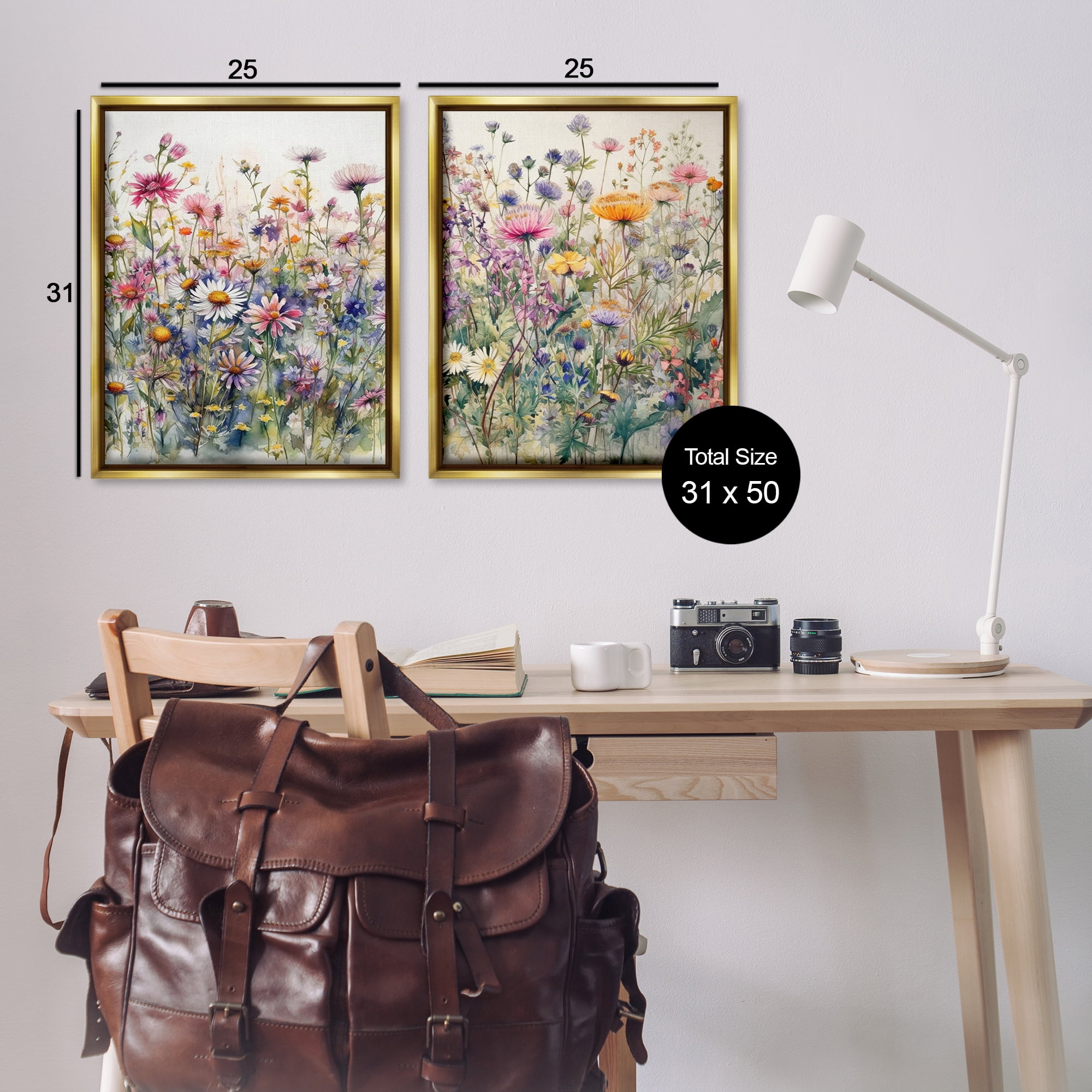 Stupell Industries Watercolor Daisy & Aster Field Plants & Flowers Painting Gold Floater Framed Canvas Art Print Wall Art, 31 x 25, Set of 2