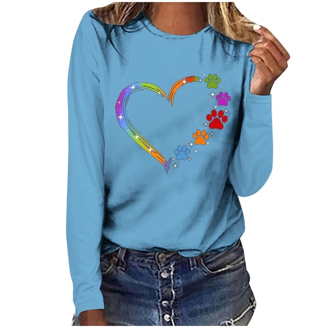 Pisexur Hauts d'Automne pour Femmes Mode Mignon Cœur Graphique Imprimé T-Shirt Hauts Col Rond Manches Longues Chemises pour Femmes Habillées Décontractées Sorties Hauts Confort Polyvalent Léger T-Shirts