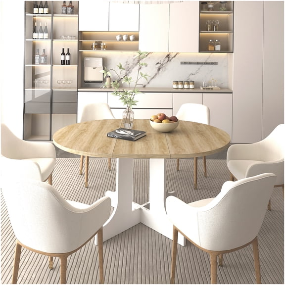 Expandable Farmhouse Dining Table with Oval Top and X-Base, White Oak Finish for 6-Person Seating