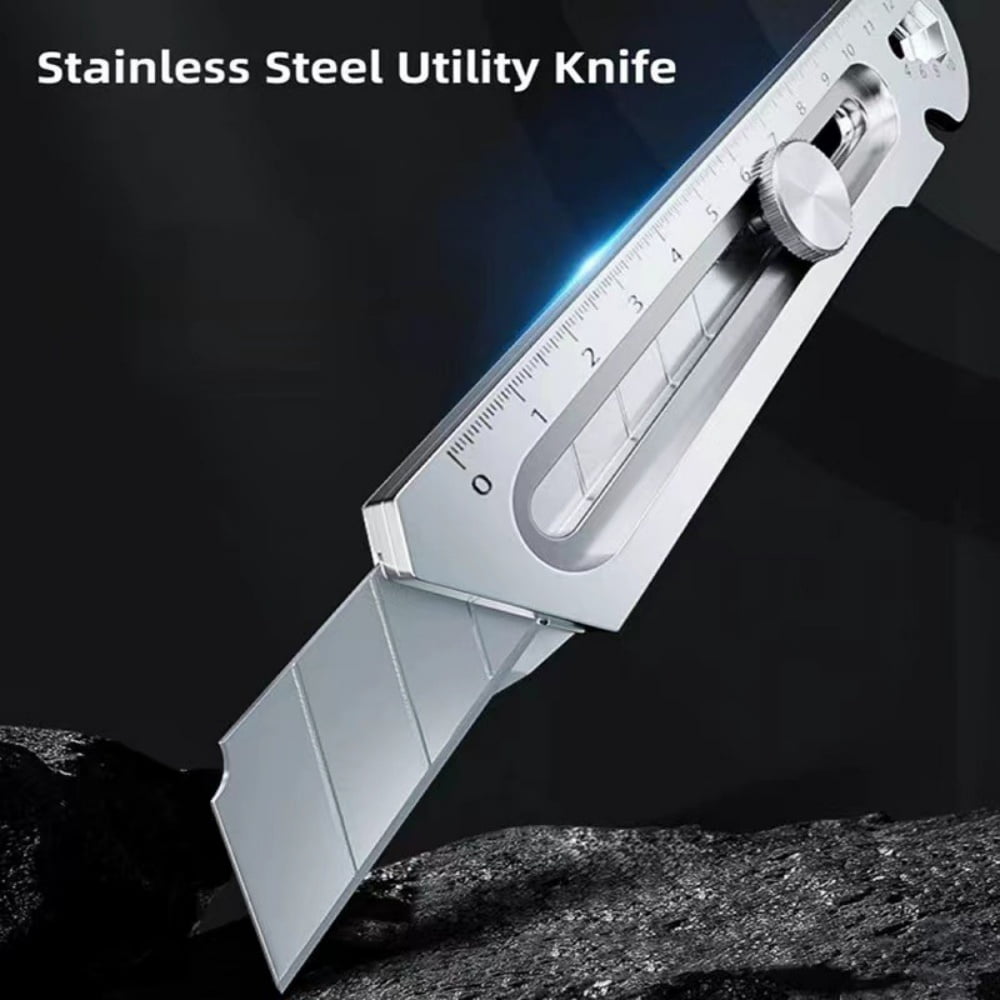 2 Pack Mutipurpose Utility Knife, 10-in-1Stainless Steel Retractable Box Cutter, Heavy Duty Snap off Cutter Knife, Safety Lock Design (Silver)