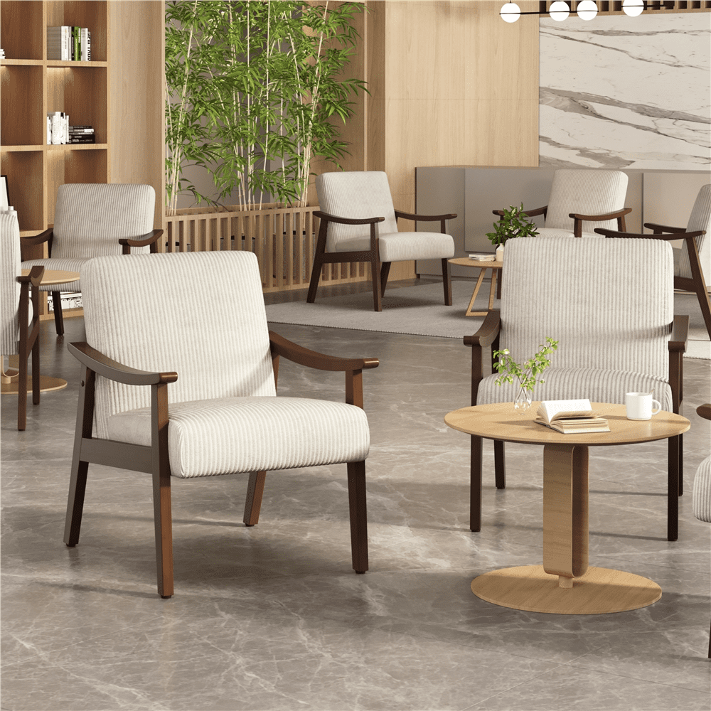 Renwick Mid-Century Modern Corduroy Fabric Armchair with Solid Wood Legs, Beige