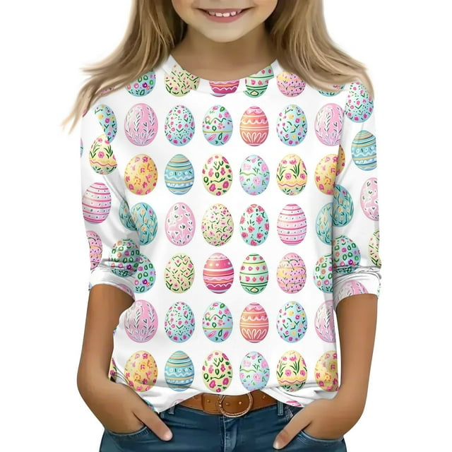 OIOLOYJM Chandails de Pâques pour Fille 2026 Fête Lapin Graphique Manches 3/4 Chandails d'Été Col Rond Tuniques Hauts Coupe Ample Blouses Mode Transparent 10-11 Ans