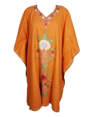 Mogul Womens Orange Caftan Dress Floral Embellished Lounge Wear Boho Style Kaftan One Size