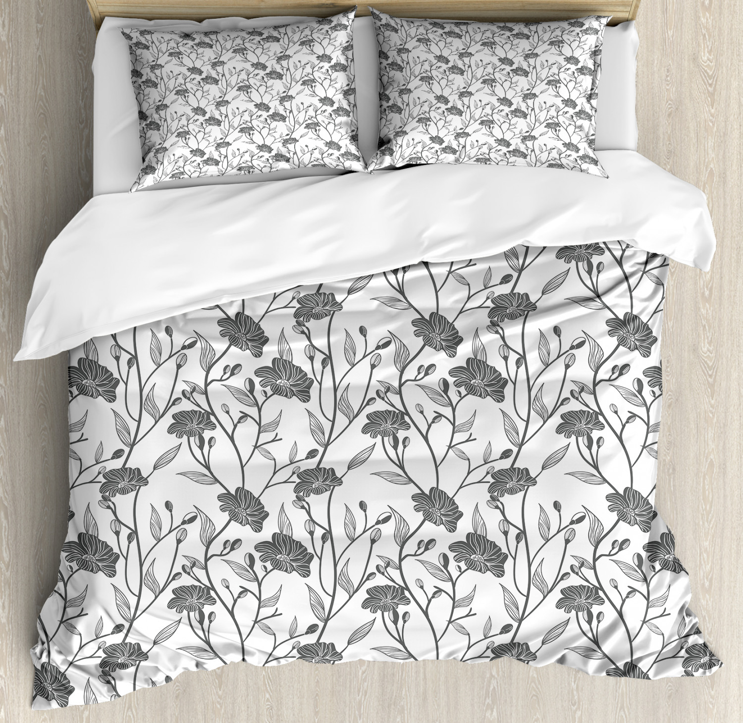 Grey King Size Duvet Cover Set, Modern Graphic of Flowers and Branches
