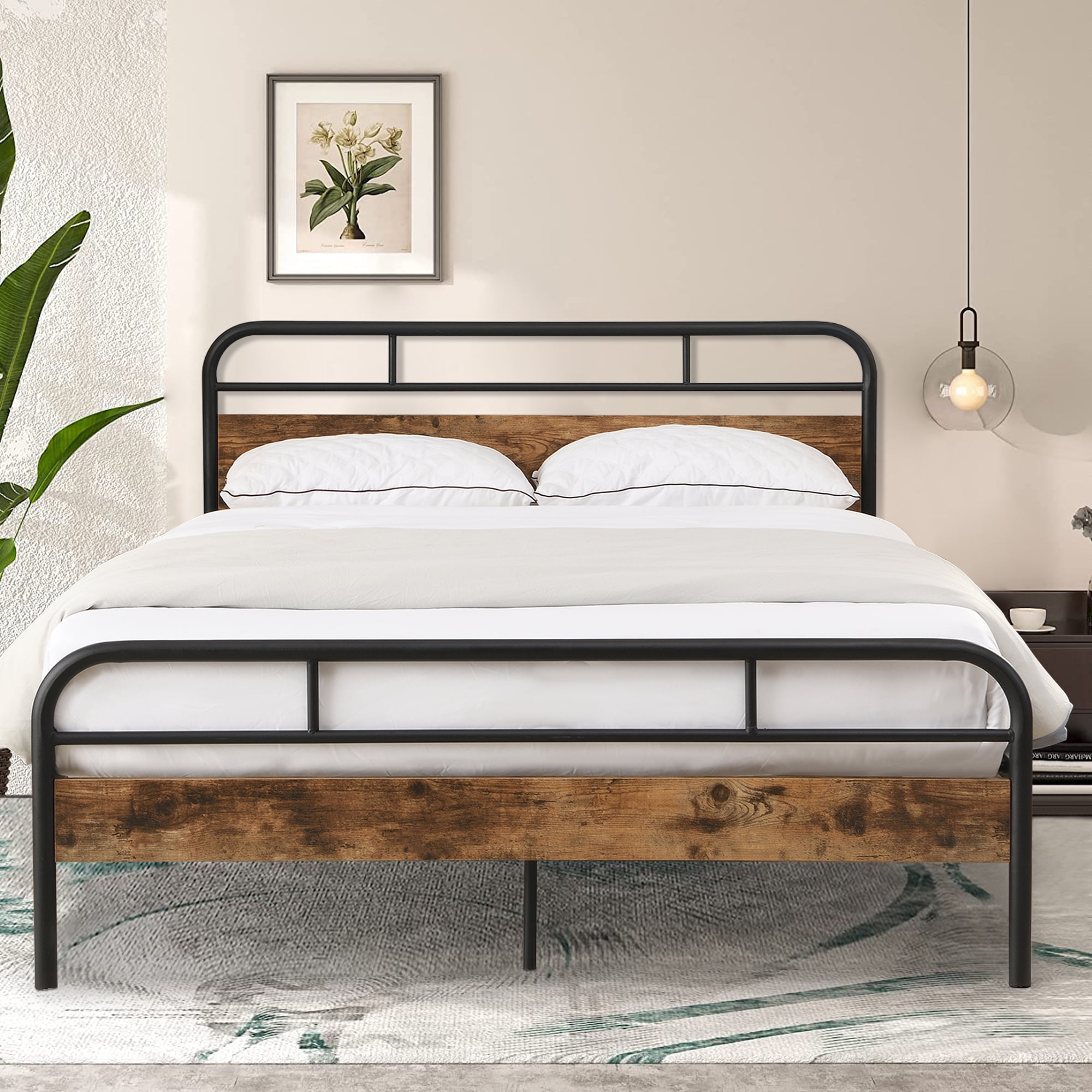 Black Iron Platform Bed Frame Full Size with Vintage Headboard and