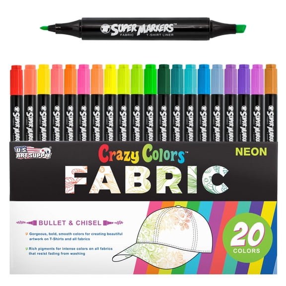 Super Markers 20 Unique Neon Colors Dual Tip Fabric & T-Shirt Marker Set - Double-Ended Fabric Markers with Chisel Point and Fine Point Tips - Ultra-Bright, Vibrant Bold Permanent Ink Colors