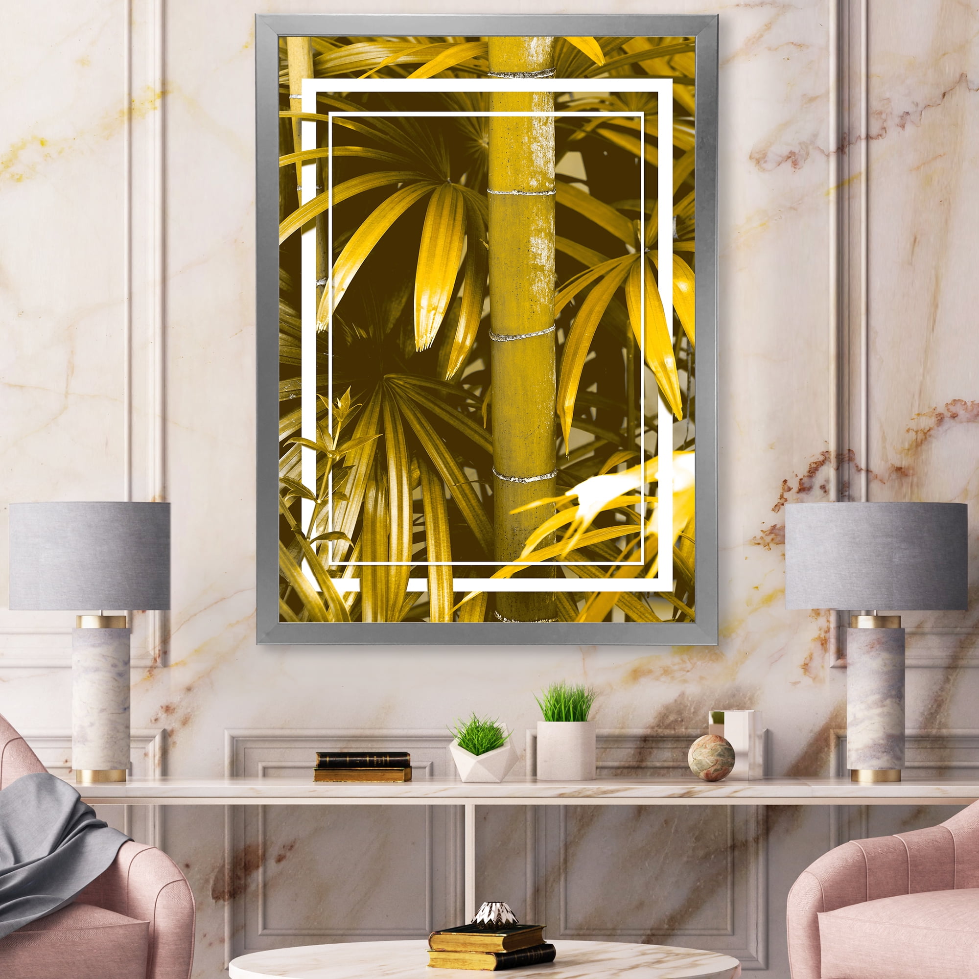 Designart 'Tropical Leaves and Yellow Bamboo' Tropical Framed Art Print