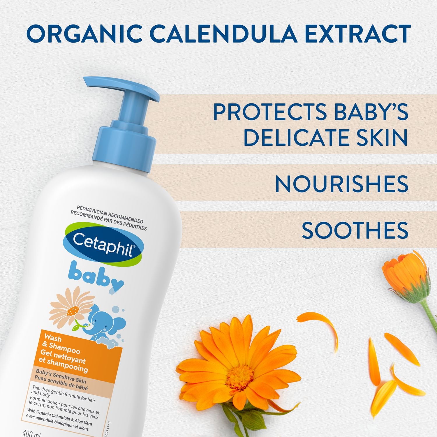 Cetaphil Baby Wash And Shampoo with Organic Calendula | Tear Free | Paraben, Colourant and Mineral Oil Free | 400ml Pump, Pediatrician Recommended