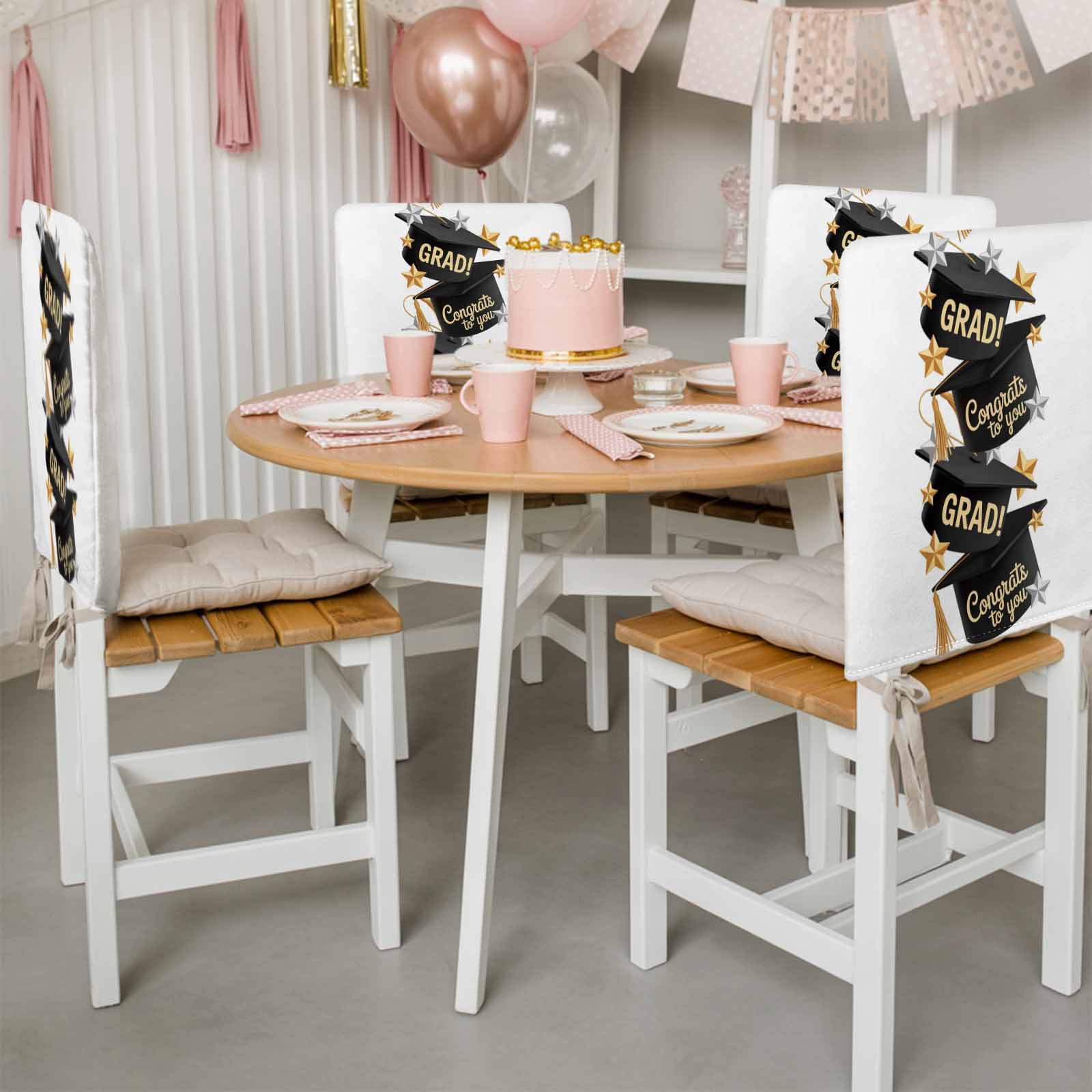 Congrats to You Chair Covers Set of 6 GRAD Graduation Hat Three-Dimensional Stars Chair Back Covers Stretch Removable Washable Slipcovers Protector for Dining Room Kitchen Party Decor