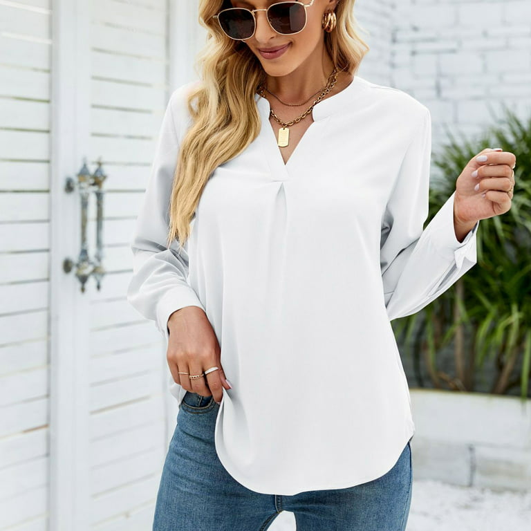 tklpehg Long Sleeve Shirts for Women Ladies Tops Long Sleeve Shirts Classic  Solid Colors Comfortable Casual V-Neck Lightweight Loose Fit Blouse  Pullover Shirts White XL 