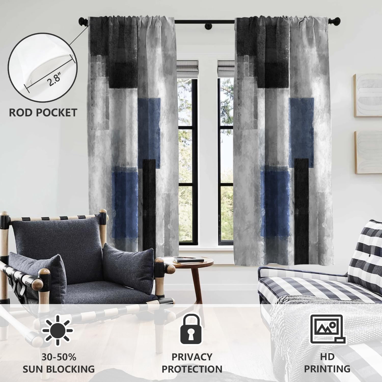 Blue Black Grey Window Curtain Navy White Gray Abstract Geometric Art Aesthetic Minimalist Boys Mens Long Living Room Bedroom Drapes Treatment Fabric 1 Pair Home Decor, 42" W x 84" L, Modern