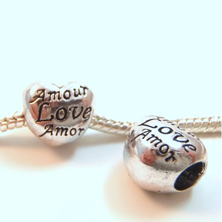 Amor Heart - 3 Beads - Love Amour Amor Heart Silver European Bead Charm E0910