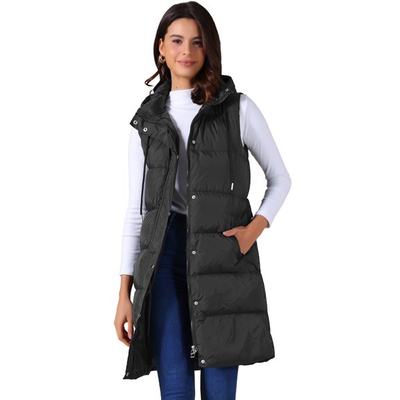 DARING DIVA Women's Long Puffer Vest Casual Sleeveless Hooded Down Jacket S Black