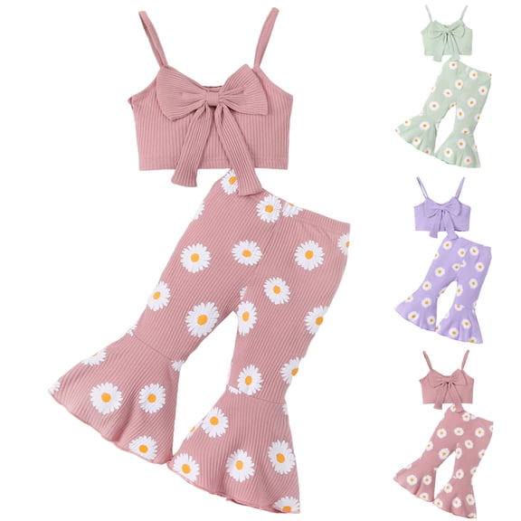 Faraee Toddler Baby Summer Clothes for Girls Bow Tie Sleeveless Ribbed Crop Tops and Floral Print Bell Bottom Flare Pants Outfit 6 12 18 24 Months 2T 3T 4T 5T Light Green