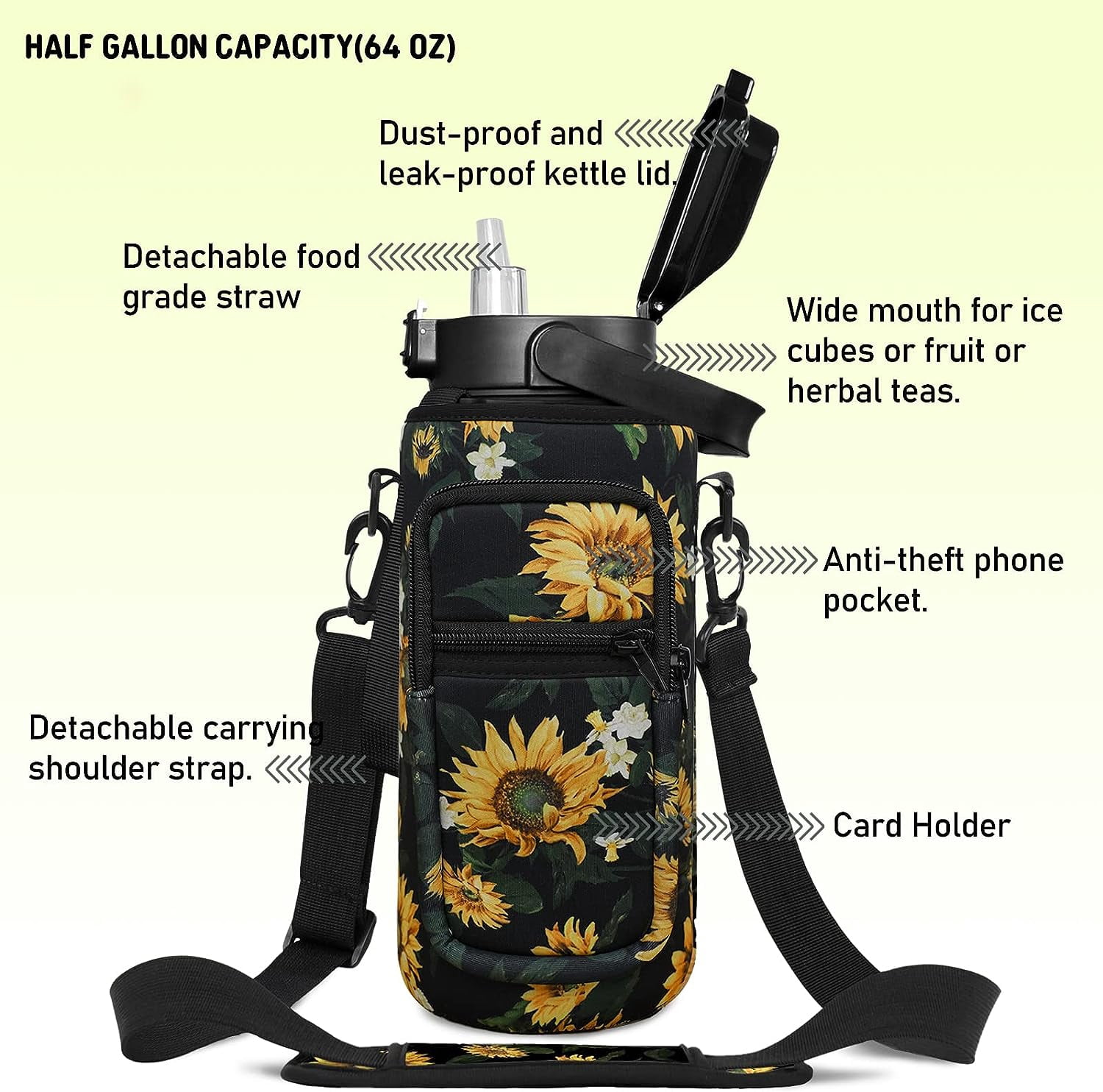 64 oz Sunflower Water Bottle with Sleeve BPA Free Half Gallon Water Jug with Straw and Time Marker, Motivational Gym Workout Pregnancy Water Bottles Gifts for Women