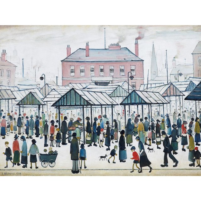 L.S. Lowry Market Scene Northern Town 1939 Framed Canvas Print