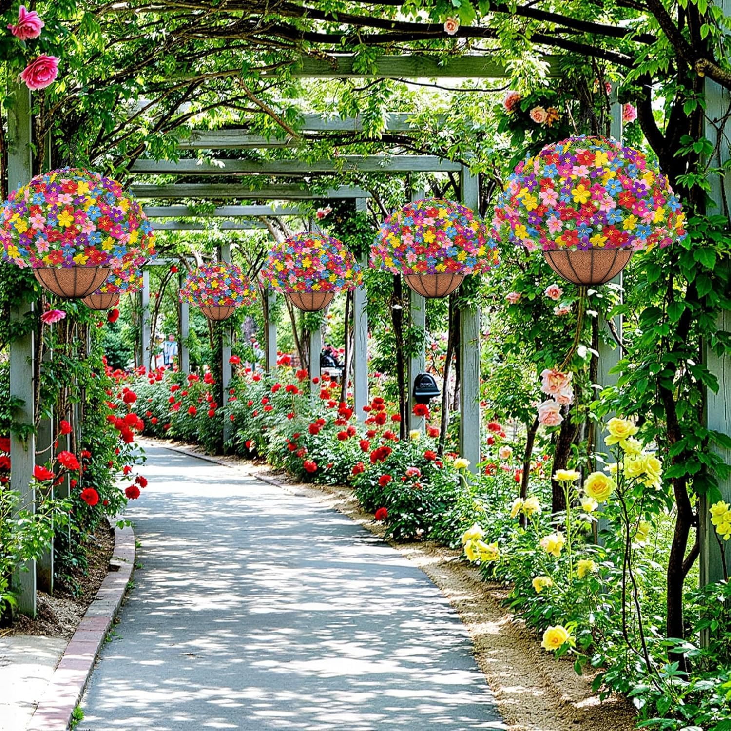 Artificial Hanging Plants Flowers with Basket for Spring Summer Outdoor Decoration, Fake Flowers UV Resistant with Hanging Planter for Front Porch Patio Garden Yard Home Decor, Multicolor