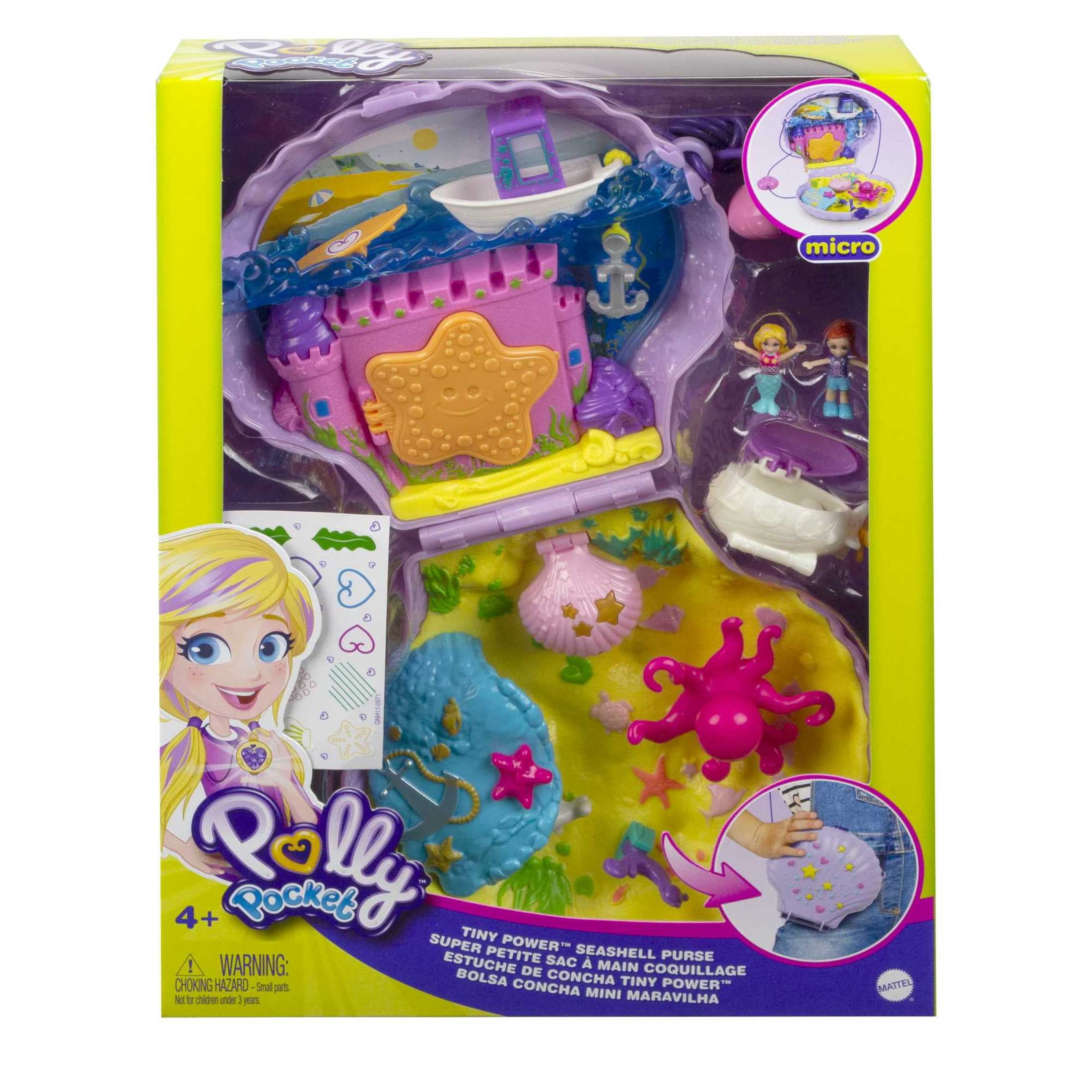 Polly Pocket Travel Toys, Purse Playset and 2 Dolls, Seashell Mermaid