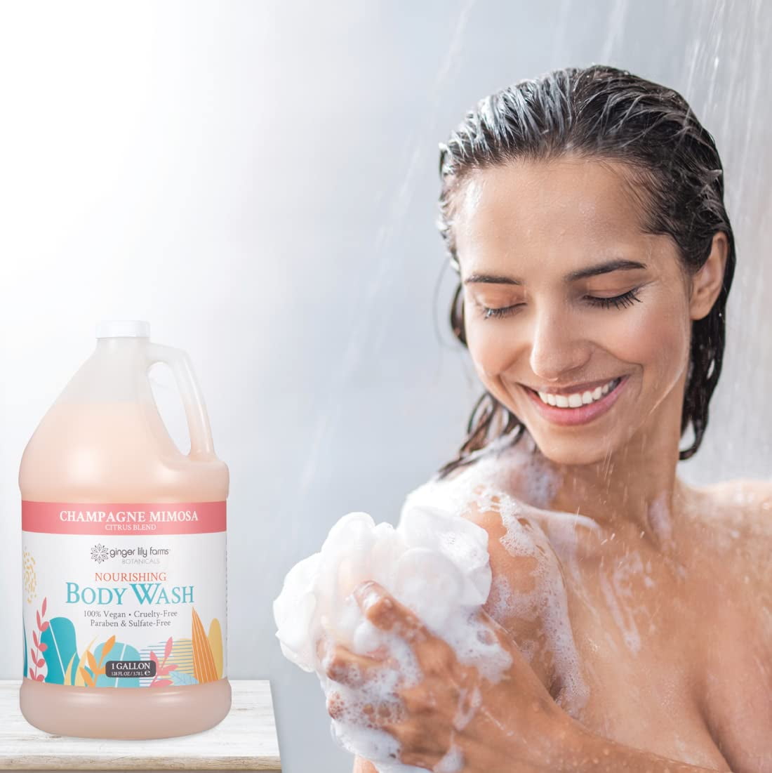 Ginger Lily Farms Botanicals Champagne Mimosa Nourishing Body Wash, Softens, Nourishes and Cleans Skin, Natural Spa Quality, 1 Gallon