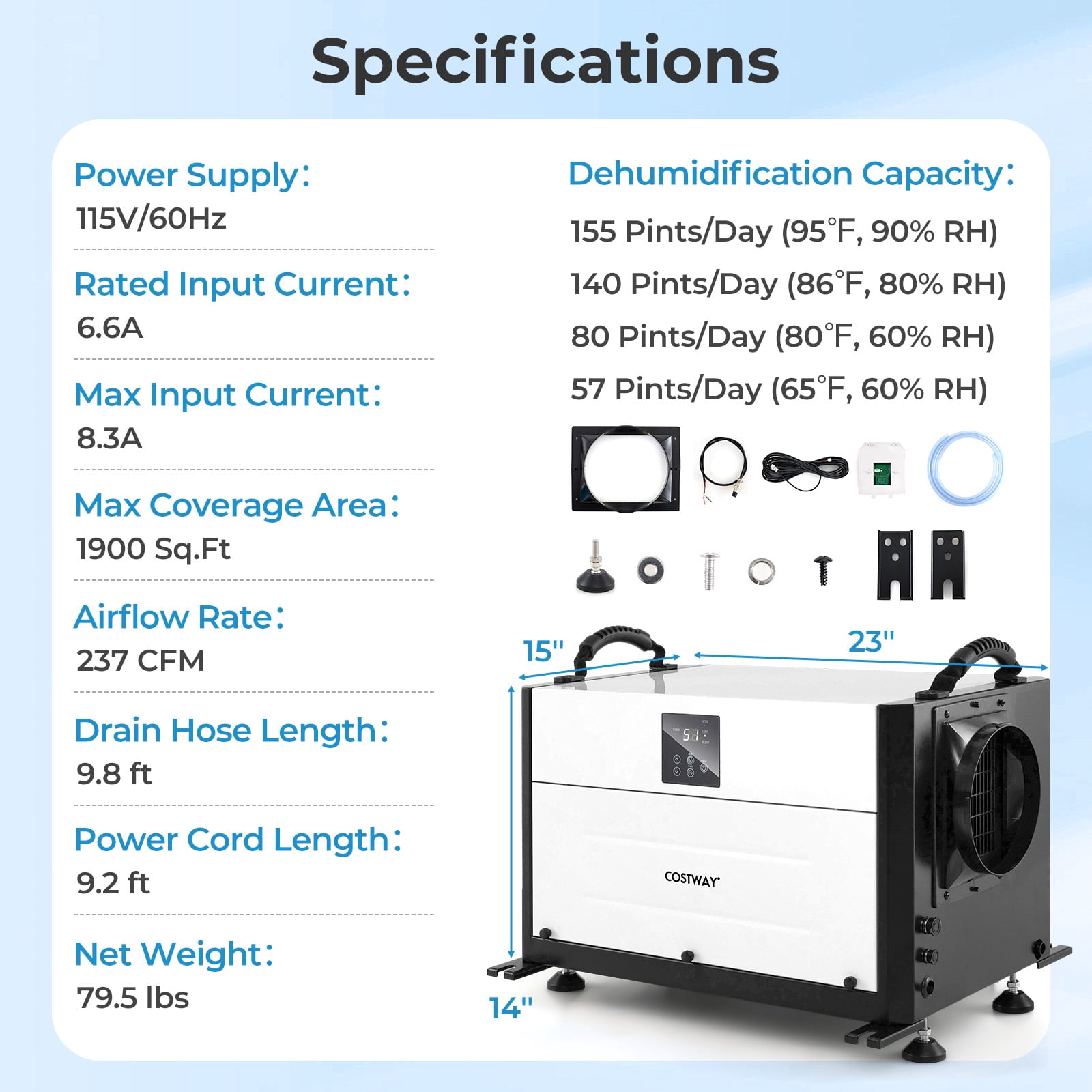 Costway 57 Pint(DOE) Crawl Space Dehumidifier Commercial Dehumidifier with 3 Modes & 24H Timer 1,900 Sq. ft Coverage Area White (MAX 155Pint at 95°F, 90%RH)