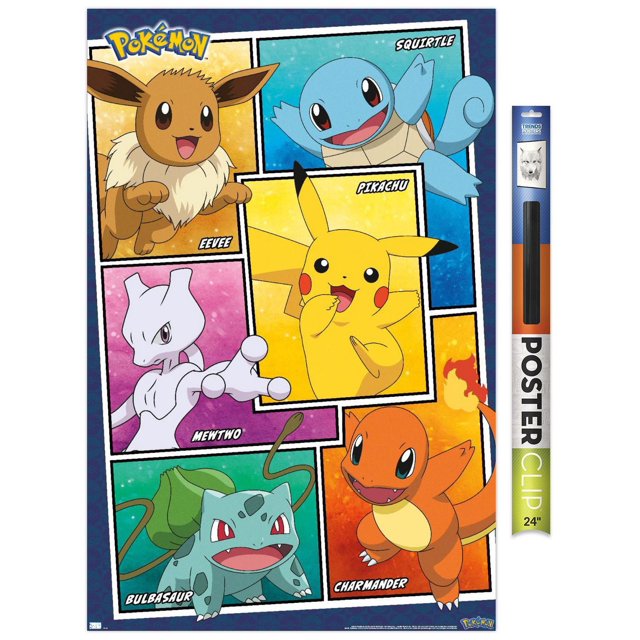 Pokémon - Group Collage Wall Poster, 14.725" x 22.375" framed featuring six Pokémon characters Eevee, Squirtle, Pikachu, Mewtwo, Bulbasaur, and Charmander in colorful segmented panels with their names, suitable for decorating bedrooms, offices, or dorm rooms.