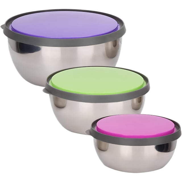 Juego de 3 Cuencos de Mezcla, Bowls de Cocina de Acero Inoxidable con Tapas Herméticas, Ideal para Hornear, Mezclar, Ensalada, Servir y Preparar